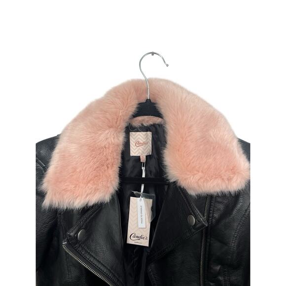 Candies Women's Faux Leather Pink Faux Fur Collar Moto Zip Jacket Small NWT - Picture 3 of 8